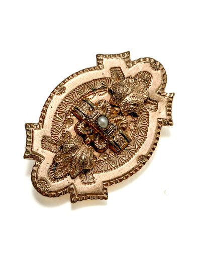 Antique Engraved Yellow Gold Filled Seed Pearl Ornate Brooch Pin