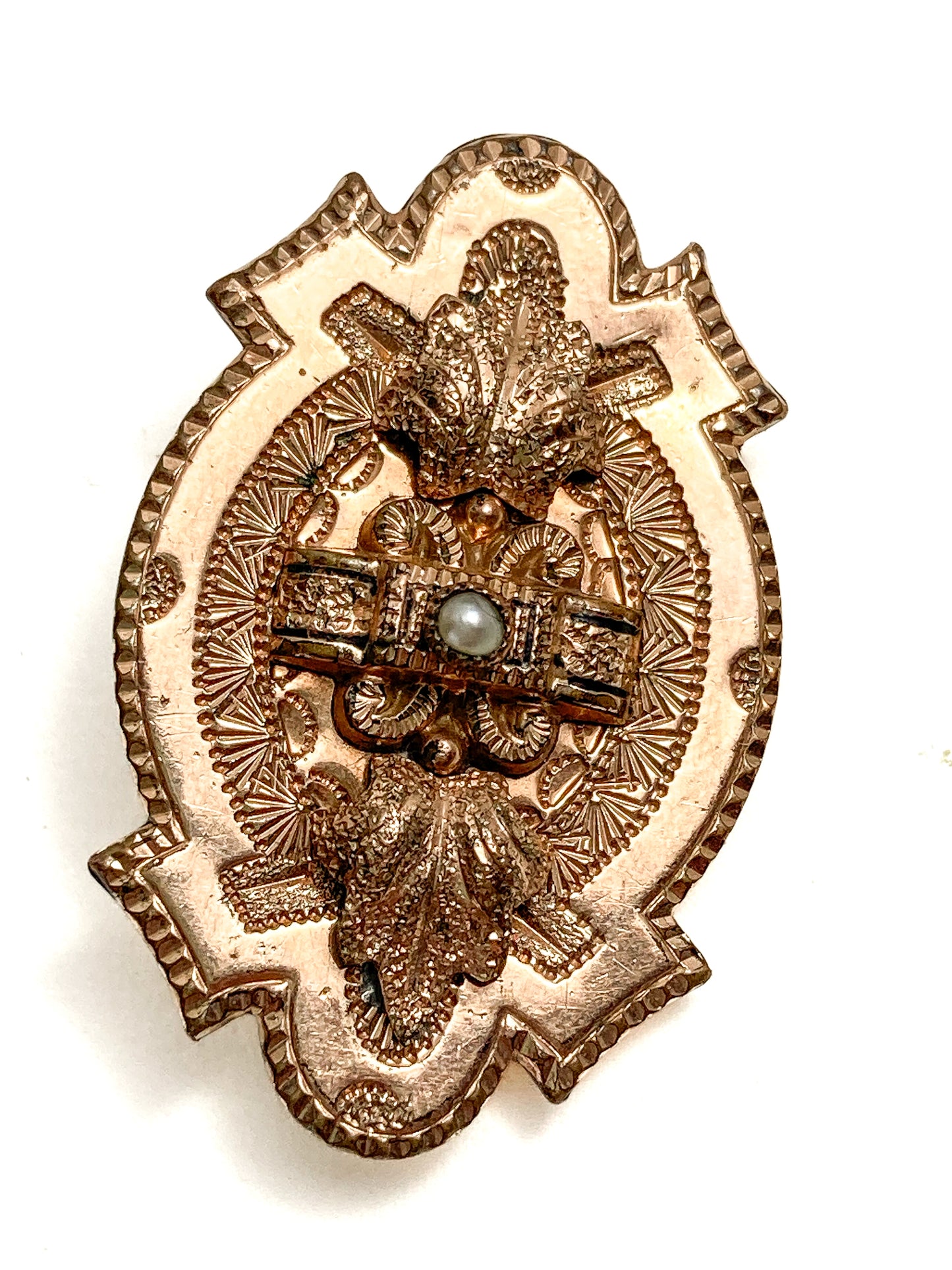 Antique Engraved Yellow Gold Filled Seed Pearl Ornate Brooch Pin