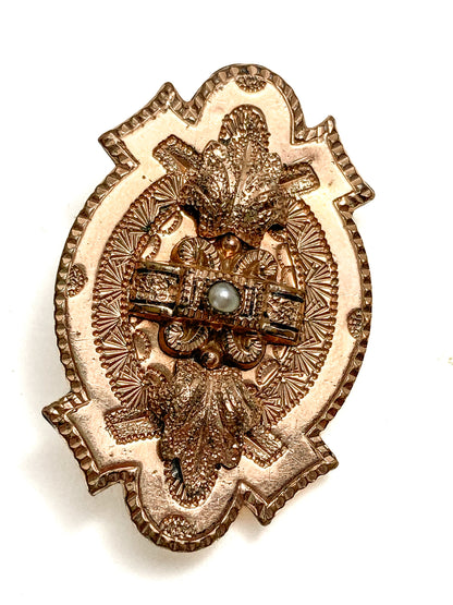 Antique Engraved Yellow Gold Filled Seed Pearl Ornate Brooch Pin