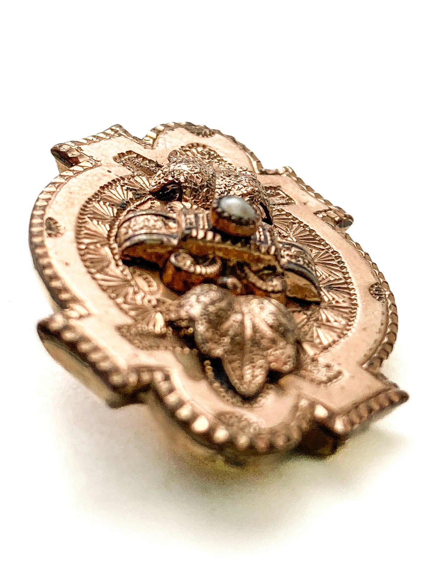 Antique Engraved Yellow Gold Filled Seed Pearl Ornate Brooch Pin