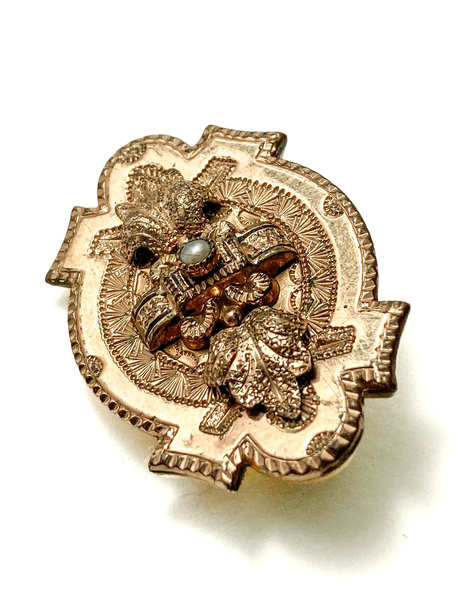 Antique Engraved Yellow Gold Filled Seed Pearl Ornate Brooch Pin