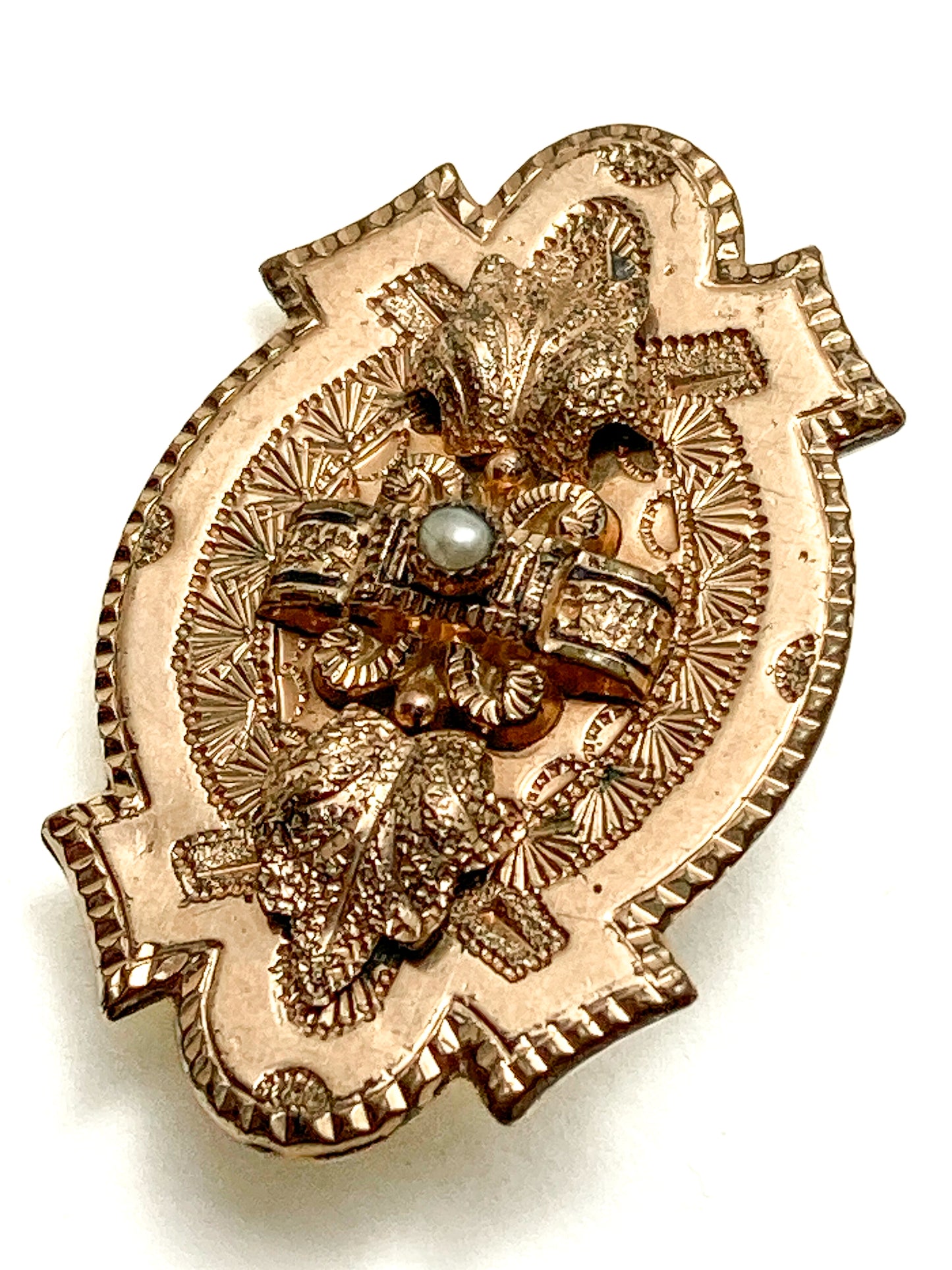 Antique Engraved Yellow Gold Filled Seed Pearl Ornate Brooch Pin