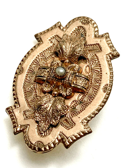 Antique Engraved Yellow Gold Filled Seed Pearl Ornate Brooch Pin