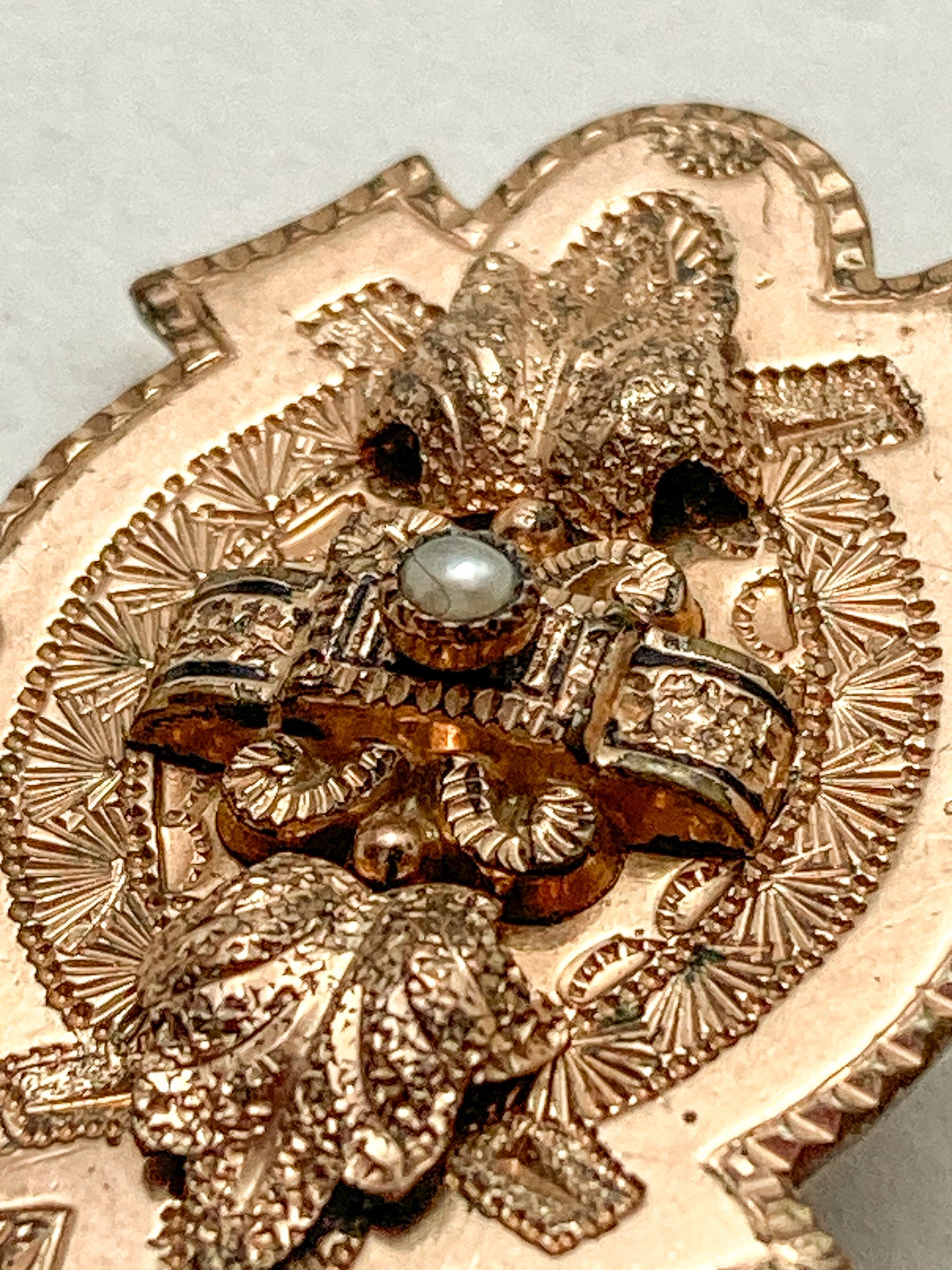 Antique Engraved Yellow Gold Filled Seed Pearl Ornate Brooch Pin