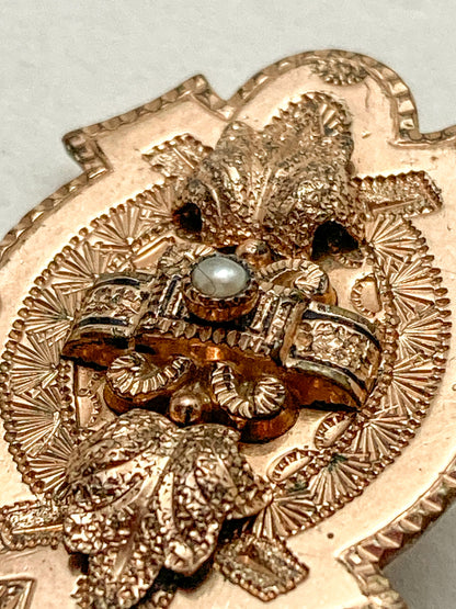 Antique Engraved Yellow Gold Filled Seed Pearl Ornate Brooch Pin