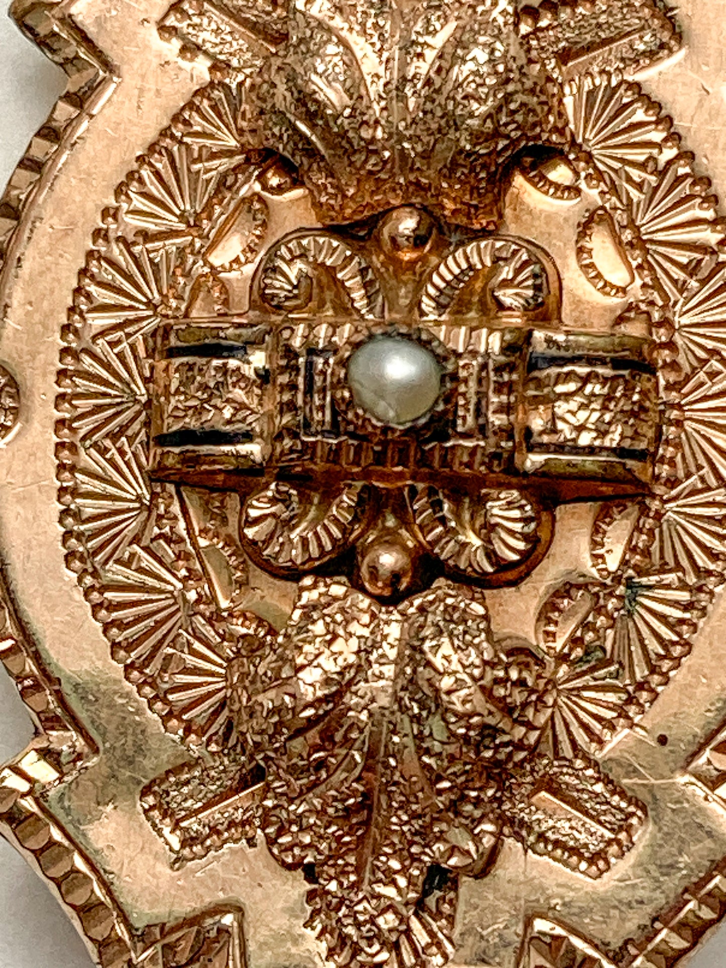 Antique Engraved Yellow Gold Filled Seed Pearl Ornate Brooch Pin