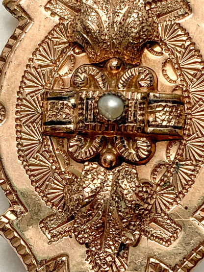 Antique Engraved Yellow Gold Filled Seed Pearl Ornate Brooch Pin