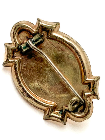 Antique Engraved Yellow Gold Filled Seed Pearl Ornate Brooch Pin