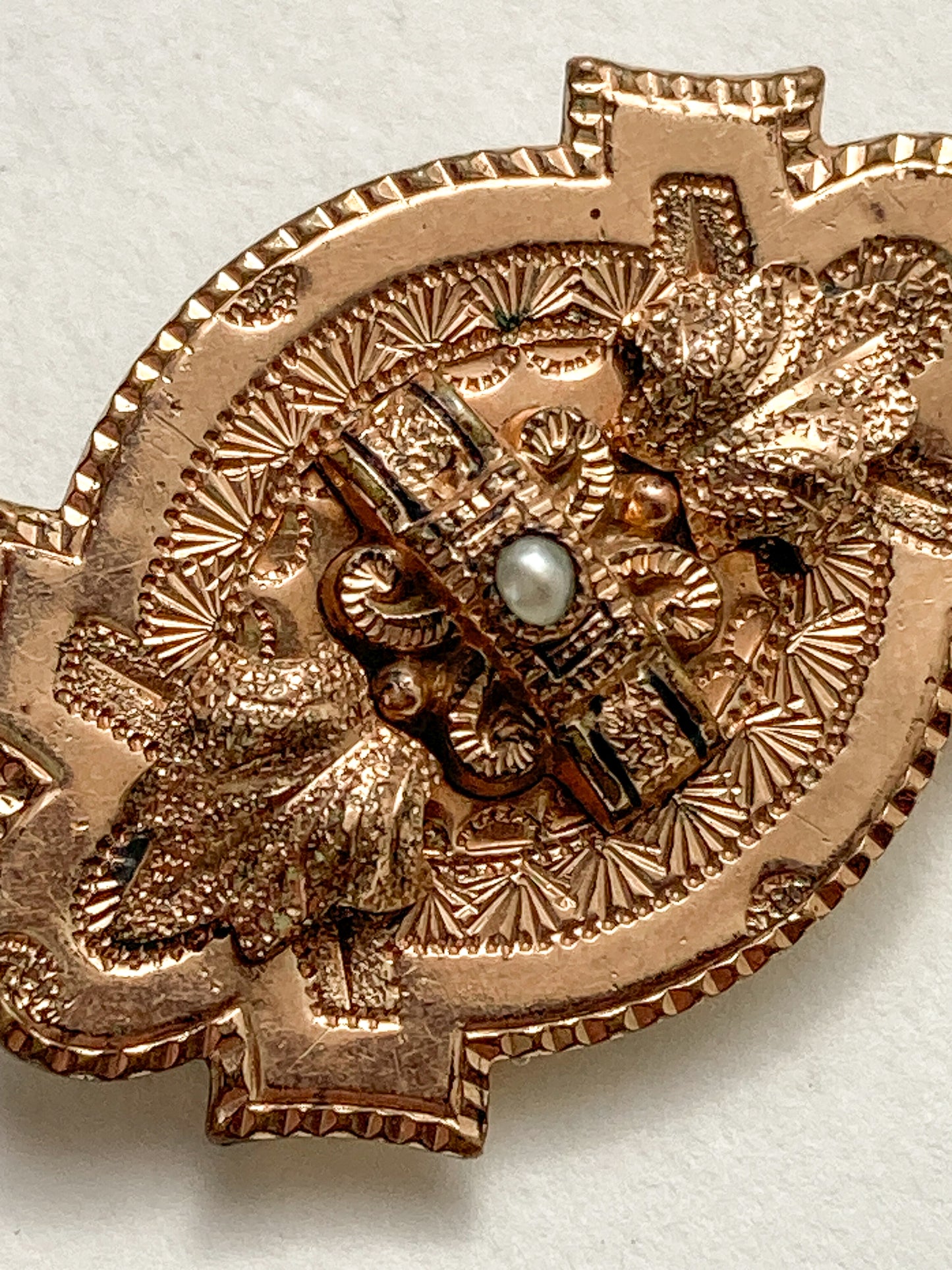 Antique Engraved Yellow Gold Filled Seed Pearl Ornate Brooch Pin