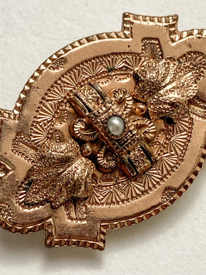 Antique Engraved Yellow Gold Filled Seed Pearl Ornate Brooch Pin