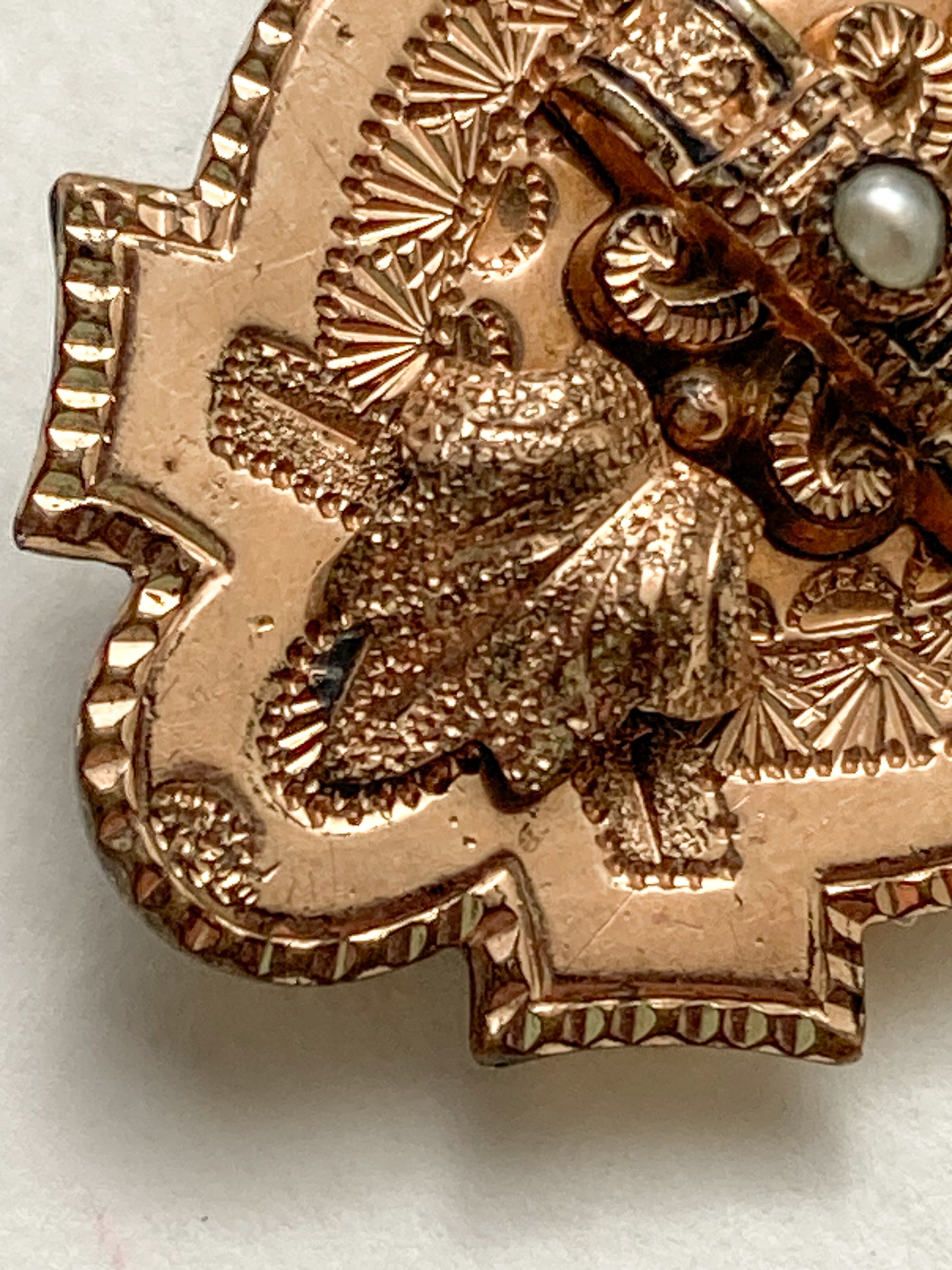 Antique Engraved Yellow Gold Filled Seed Pearl Ornate Brooch Pin