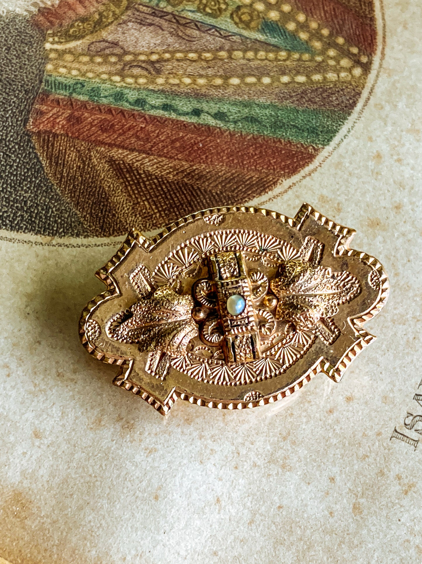 Antique Engraved Yellow Gold Filled Seed Pearl Ornate Brooch Pin