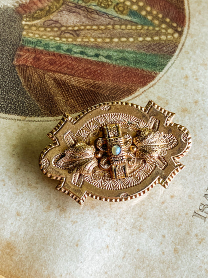 Antique Engraved Yellow Gold Filled Seed Pearl Ornate Brooch Pin
