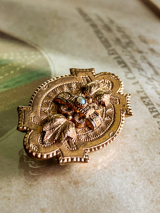 Antique Engraved Yellow Gold Filled Seed Pearl Ornate Brooch Pin
