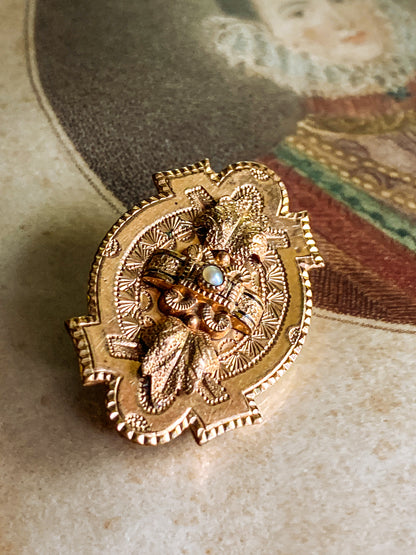 Antique Engraved Yellow Gold Filled Seed Pearl Ornate Brooch Pin