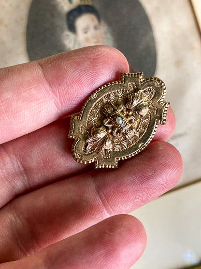 Antique Engraved Yellow Gold Filled Seed Pearl Ornate Brooch Pin