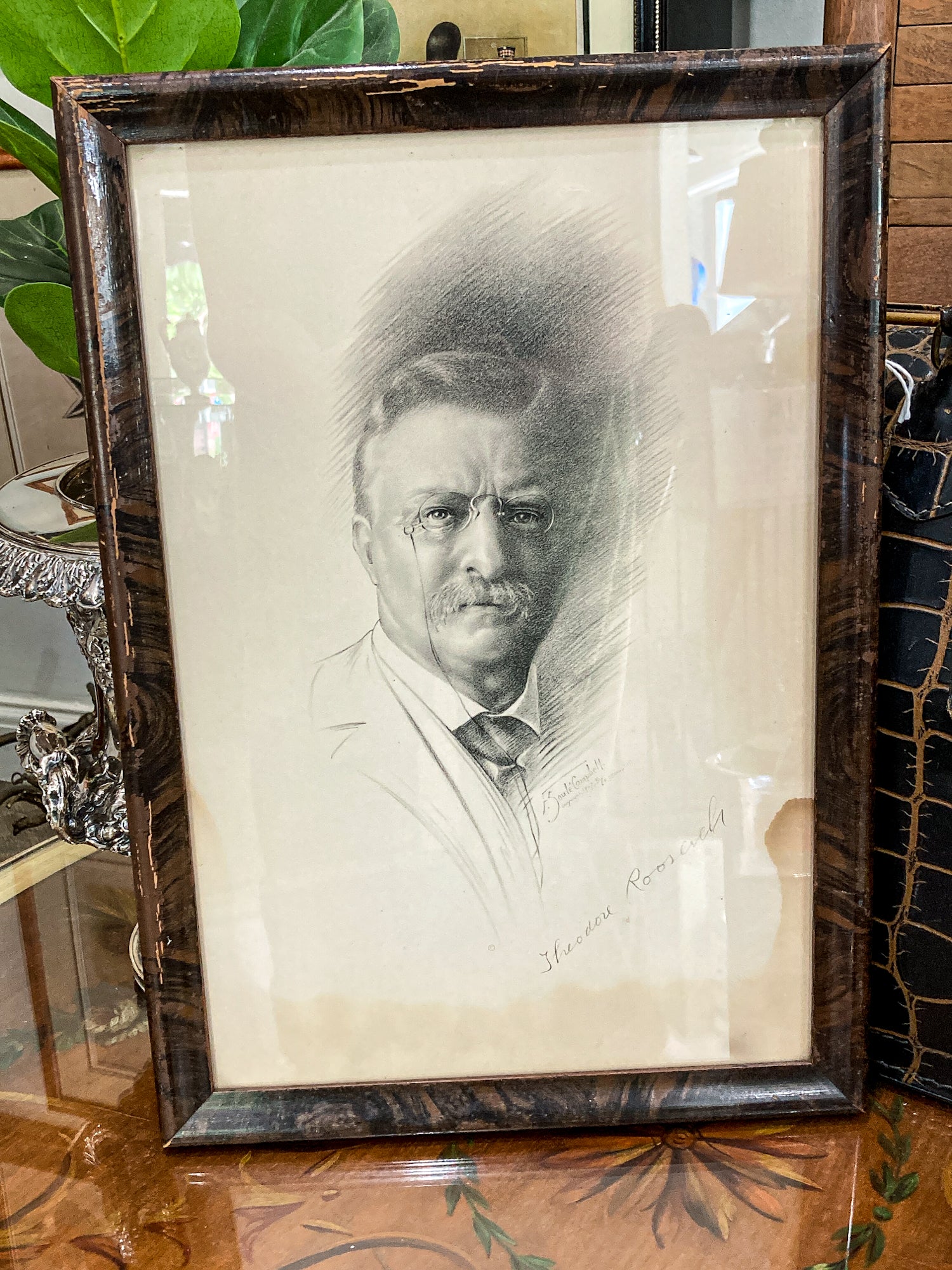 Antique Fannie Soule Campbell Theodore Roosevelt Framed Lithographic Portrait