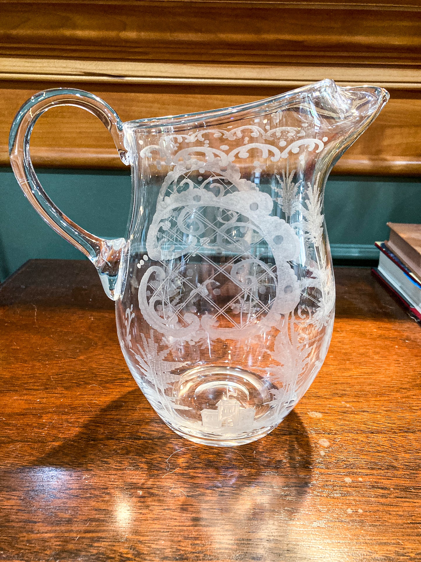 Antique Lobmeyr Style Stag Hunt Motif Etched Clear Glass Pitcher