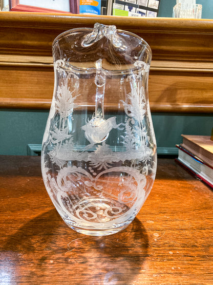 Antique Lobmeyr Style Stag Hunt Motif Etched Clear Glass Pitcher