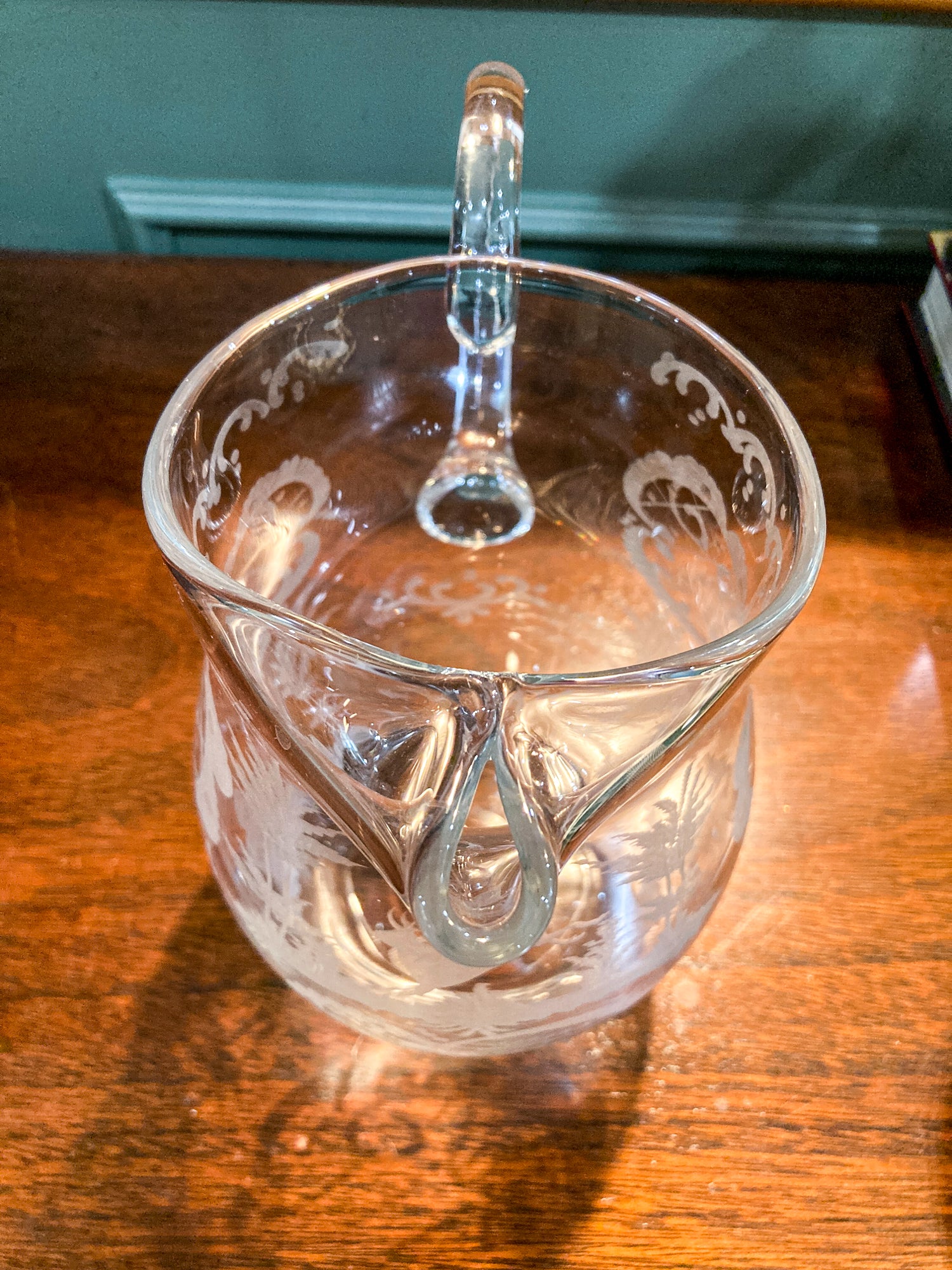 Antique Lobmeyr Style Stag Hunt Motif Etched Clear Glass Pitcher