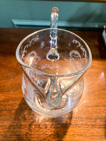 Antique Lobmeyr Style Stag Hunt Motif Etched Clear Glass Pitcher