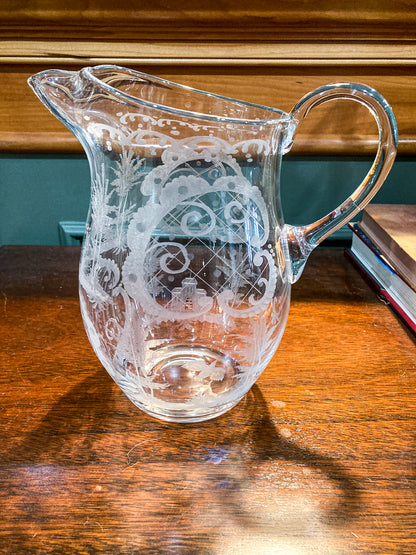 Antique Lobmeyr Style Stag Hunt Motif Etched Clear Glass Pitcher