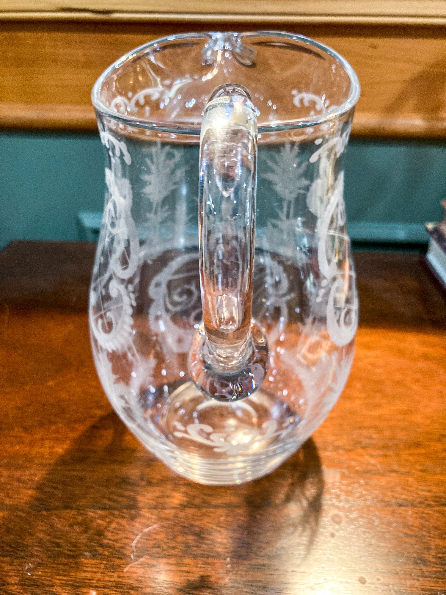 Antique Lobmeyr Style Stag Hunt Motif Etched Clear Glass Pitcher