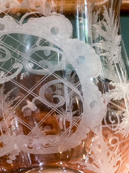 Antique Lobmeyr Style Stag Hunt Motif Etched Clear Glass Pitcher