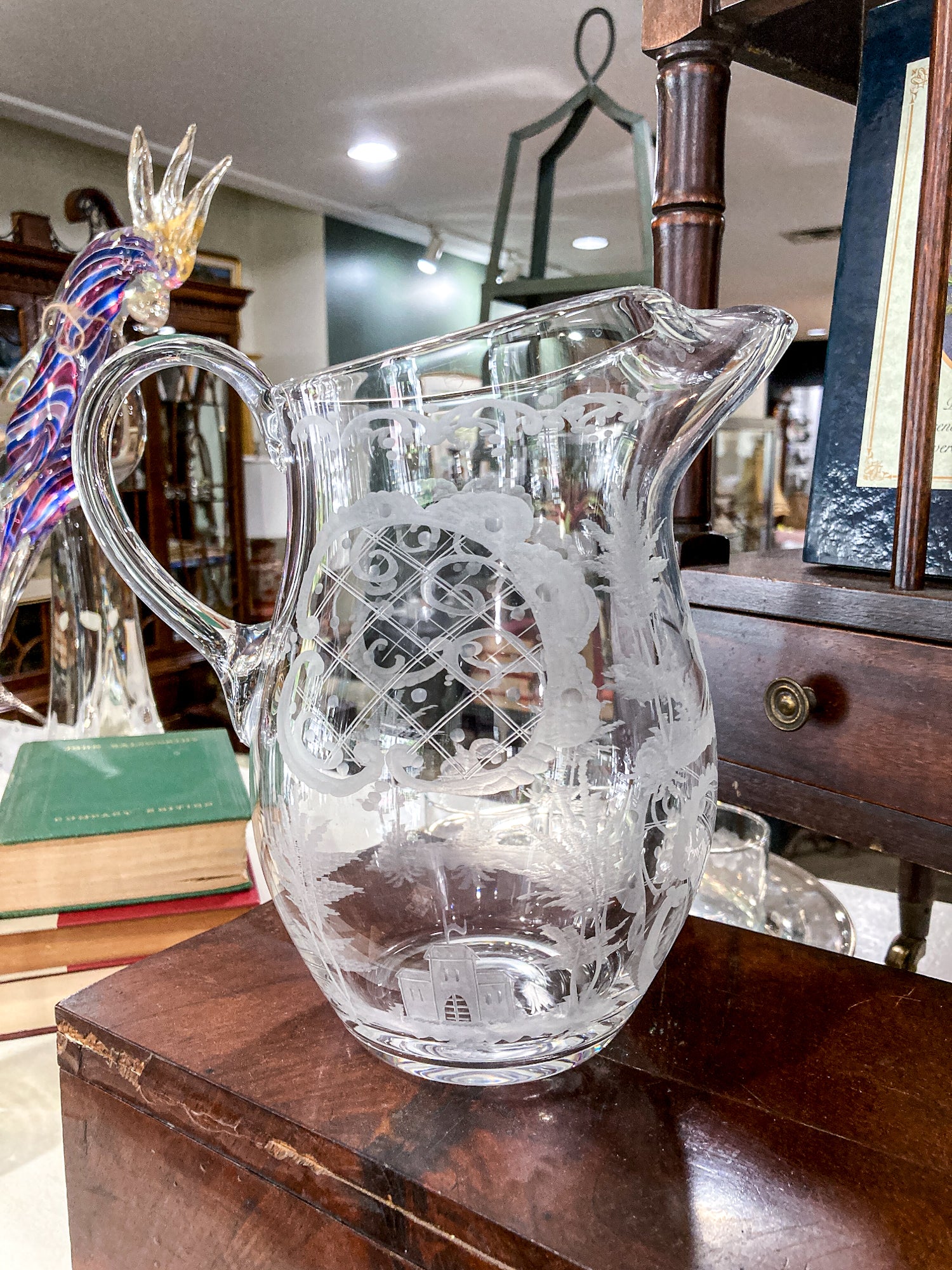 Antique Lobmeyr Style Stag Hunt Motif Etched Clear Glass Pitcher