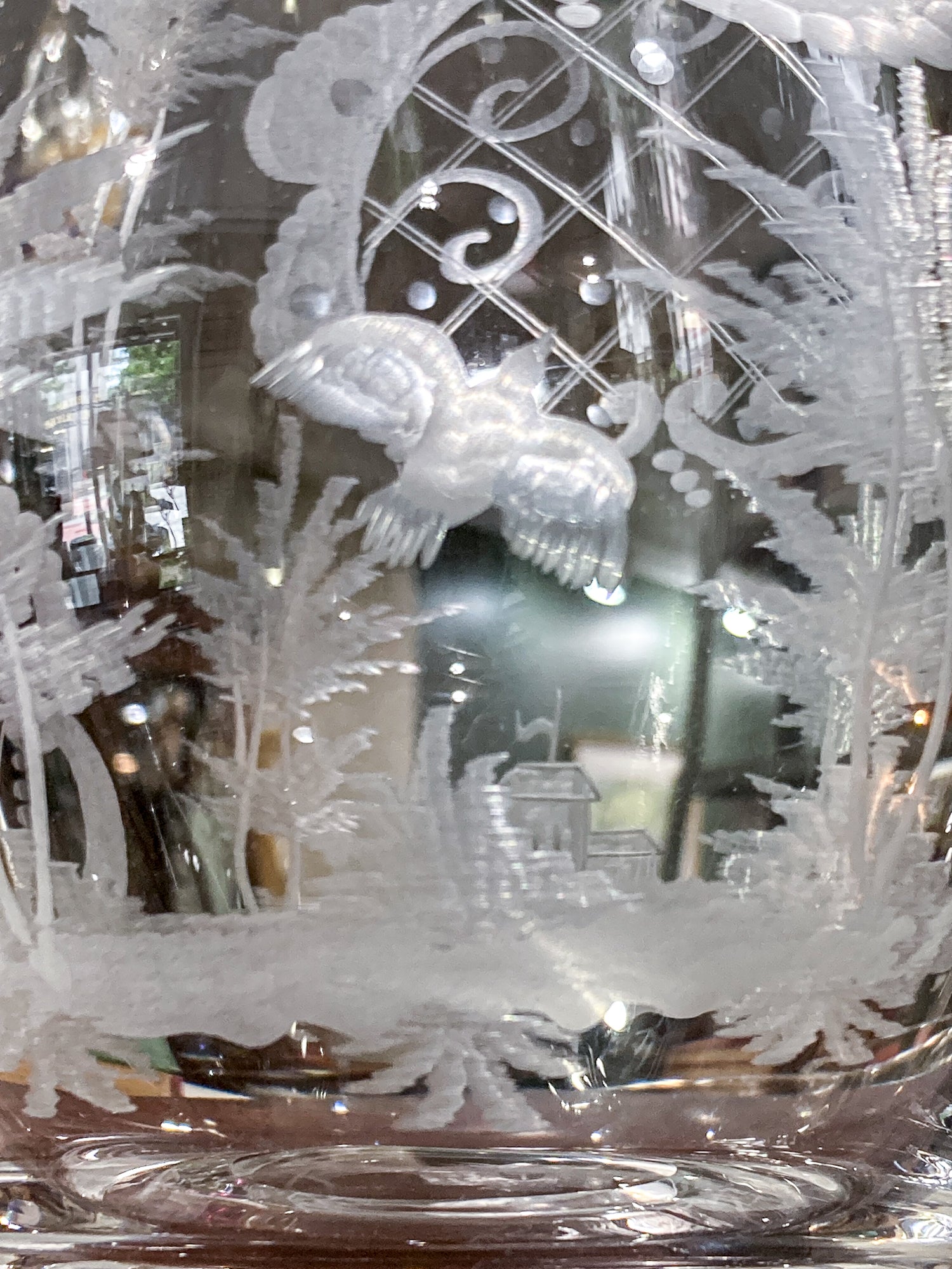 Antique Lobmeyr Style Stag Hunt Motif Etched Clear Glass Pitcher