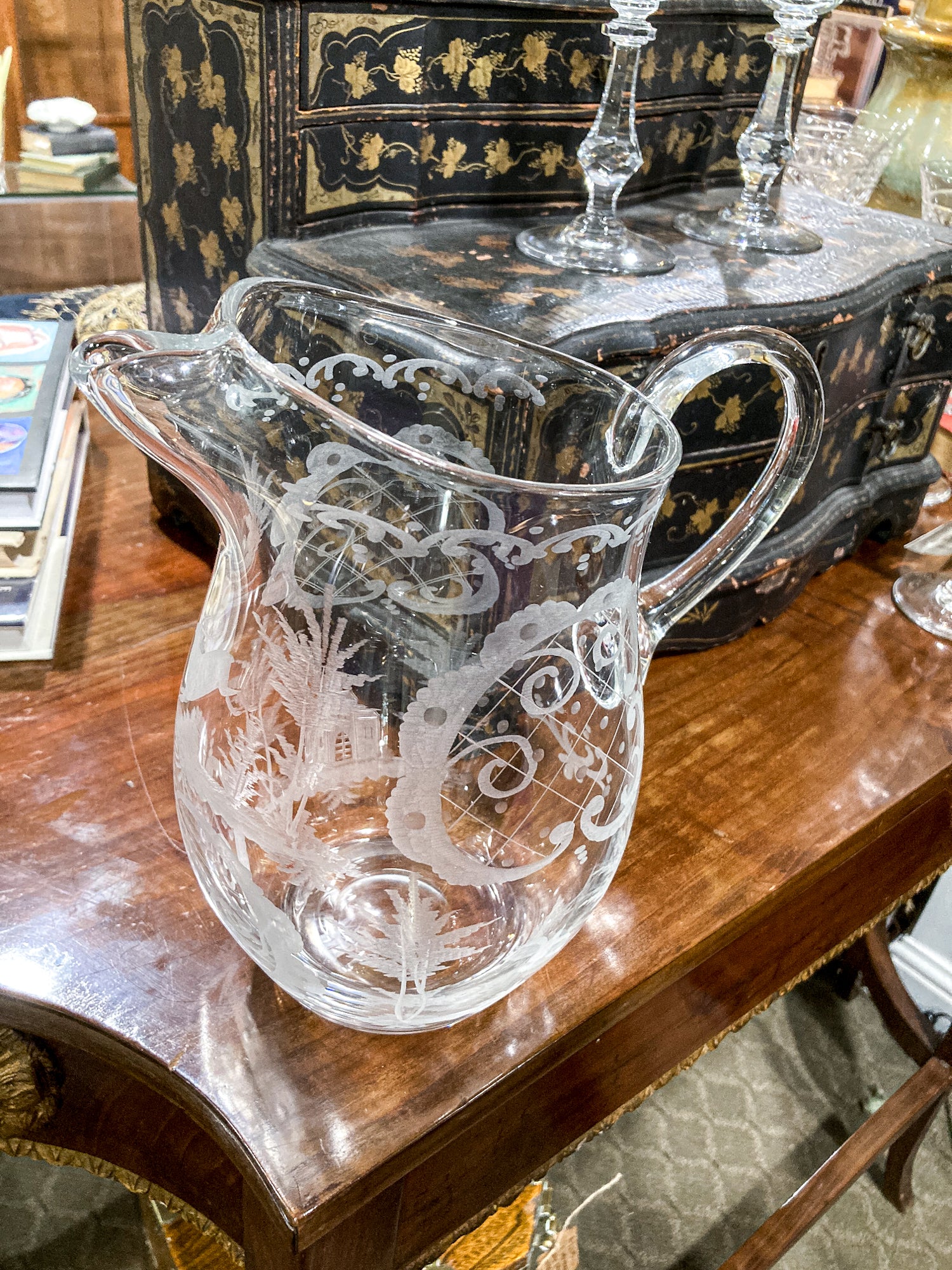Antique Lobmeyr Style Stag Hunt Motif Etched Clear Glass Pitcher