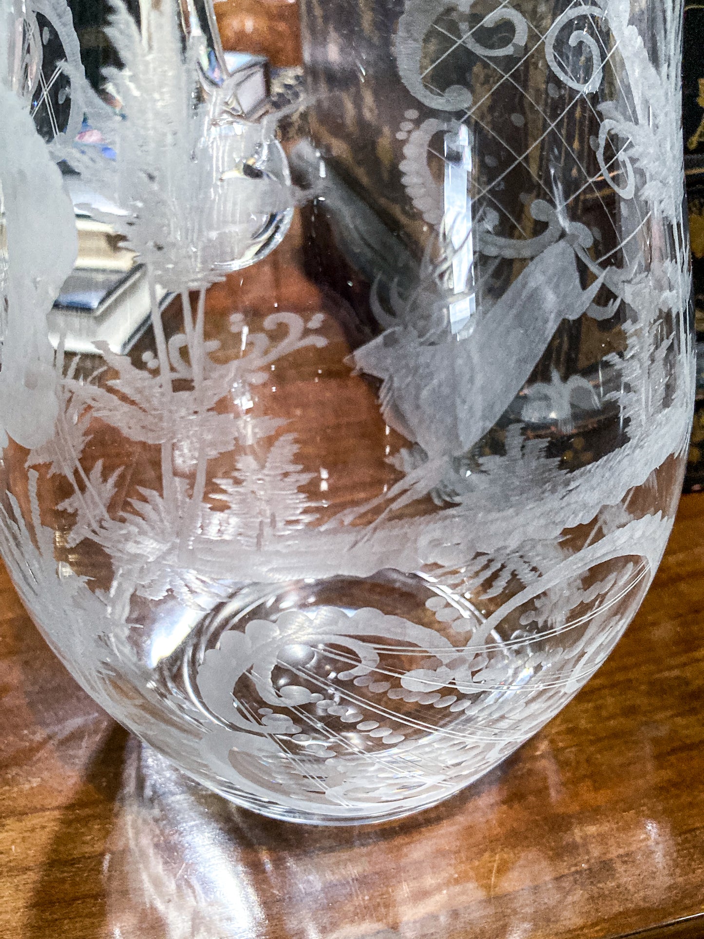 Antique Lobmeyr Style Stag Hunt Motif Etched Clear Glass Pitcher
