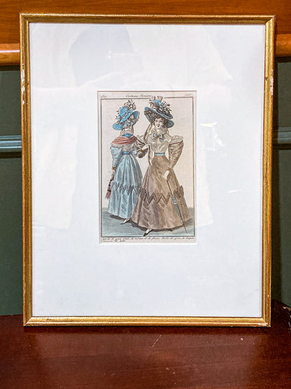 Framed Antique French 19th Century 1827 Parisian Fashion Plate Print