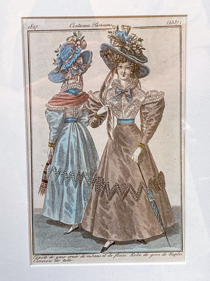 Framed Antique French 19th Century 1827 Parisian Fashion Plate Print