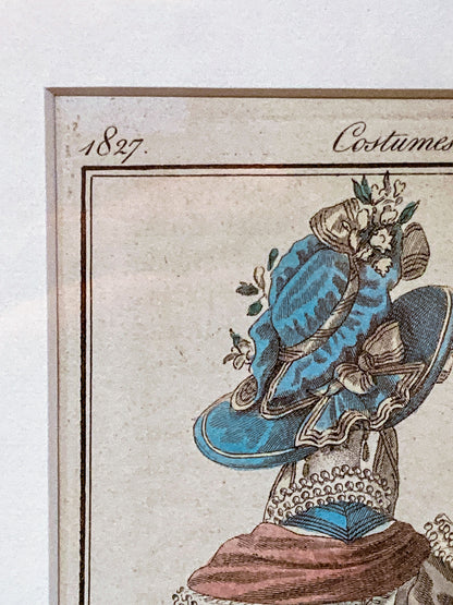 Framed Antique French 19th Century 1827 Parisian Fashion Plate Print