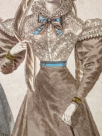 Framed Antique French 19th Century 1827 Parisian Fashion Plate Print