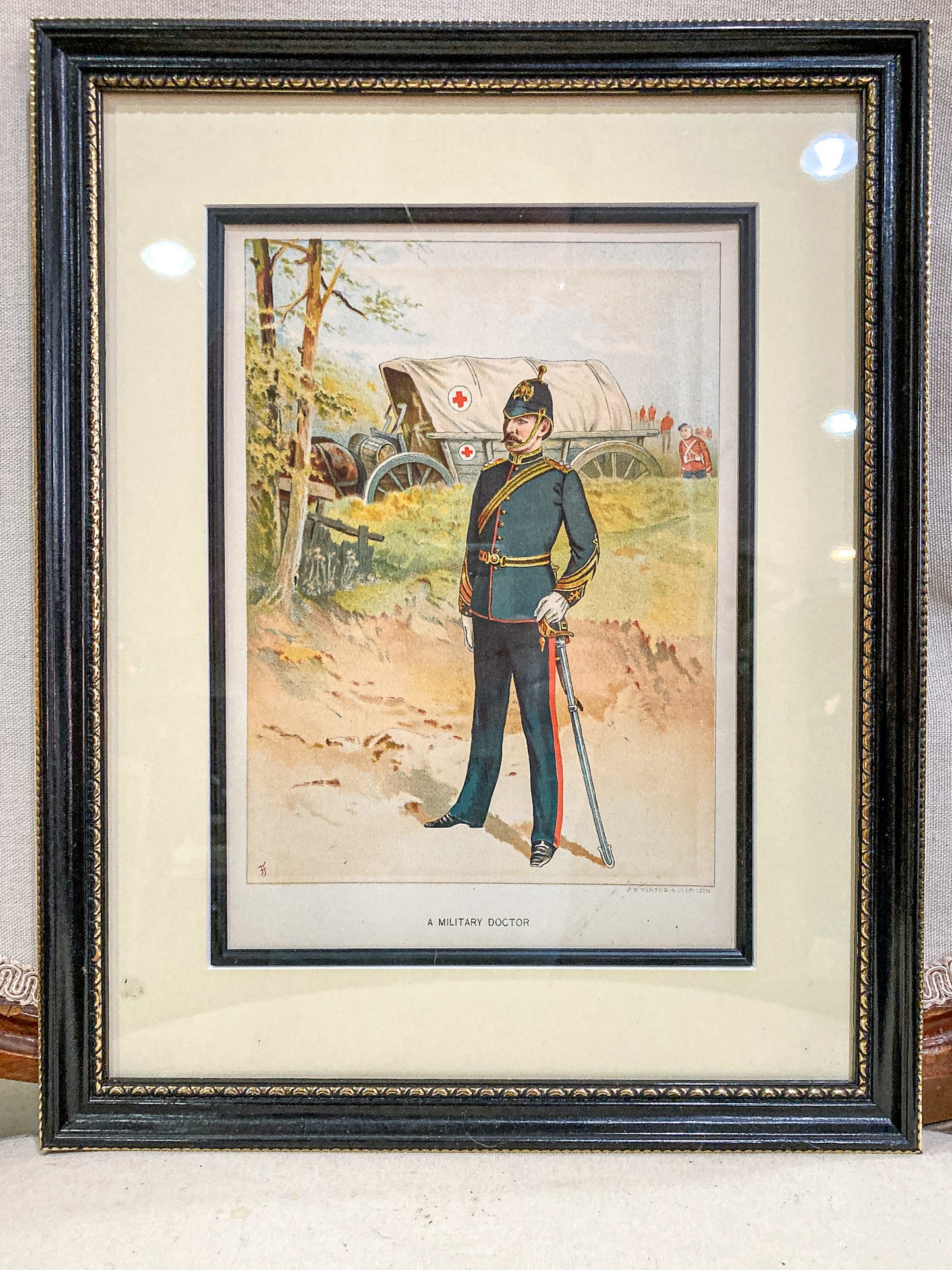 Antique J. S. Virtue "A Military Doctor" Print Framed Color Lithograph