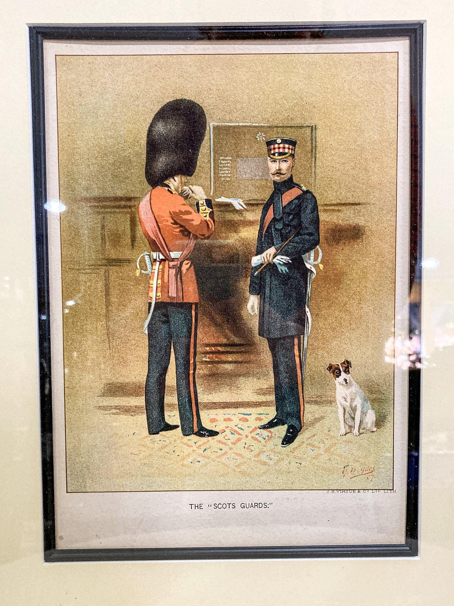 Antique J. S. Virtue "The Scots Guards" Military Print Framed Color Lithograph