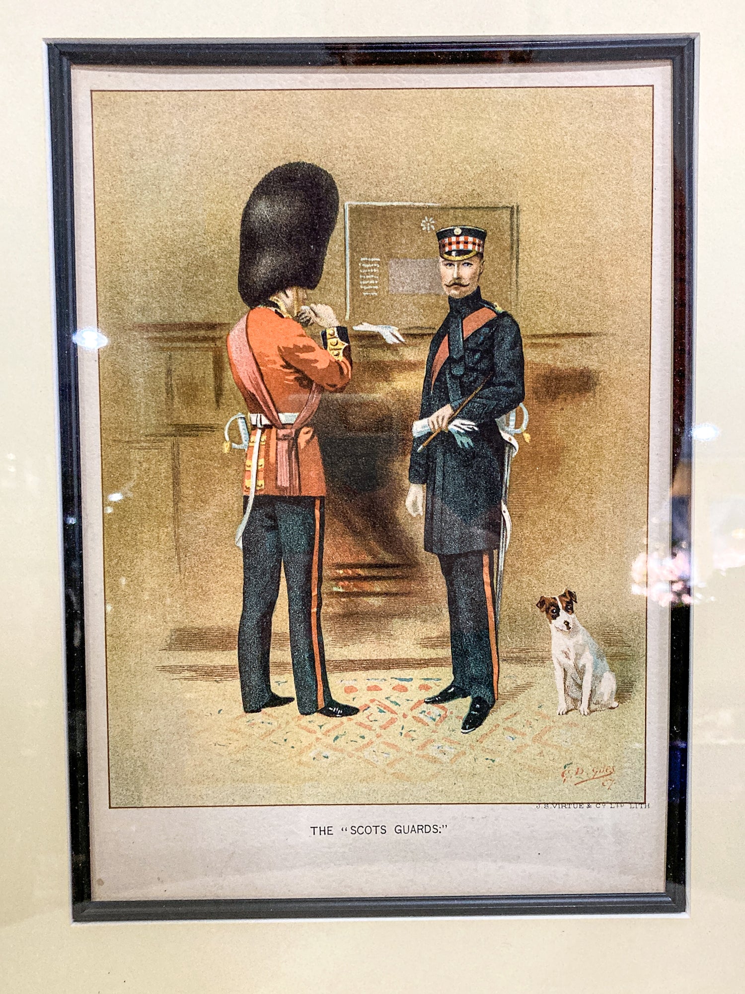 Antique J. S. Virtue "The Scots Guards" Military Print Framed Color Lithograph