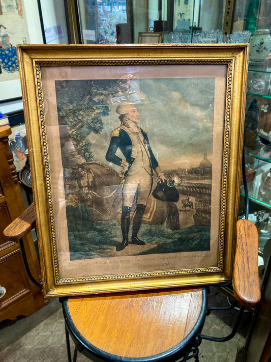 Antique Military Marquis de la Lafayette Framed Color Engraving