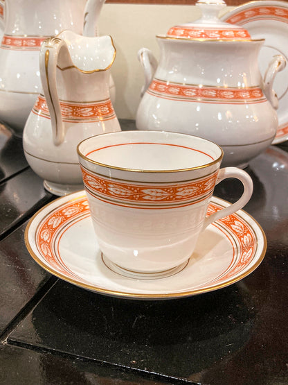 Antique French Porcelain White Red Dessert Coffee Pitcher Cups Plates Set