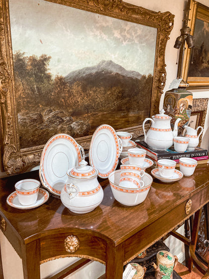 Antique French Porcelain White Red Dessert Coffee Pitcher Cups Plates Set