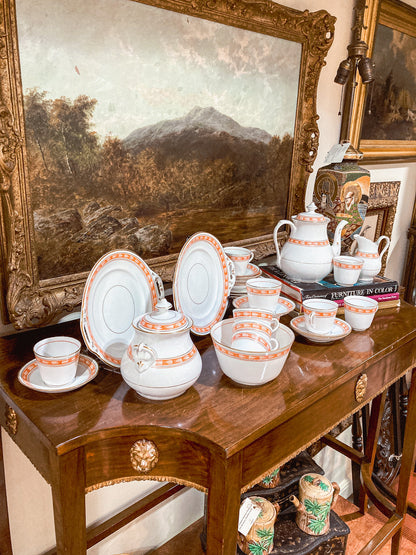 Antique French Porcelain White Red Dessert Coffee Pitcher Cups Plates Set