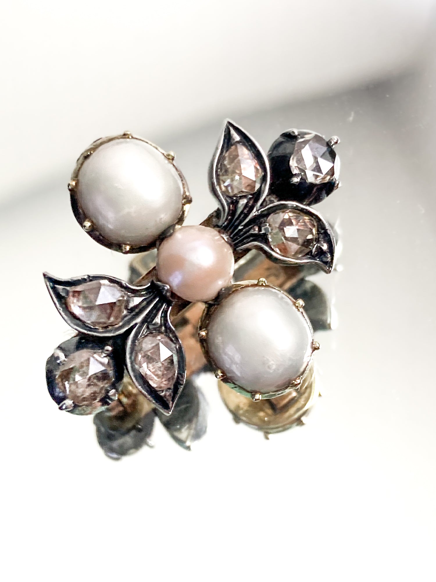 Antique Georgian 1840 Six Diamond Pink Pearl Silver Yellow Gold Brooch