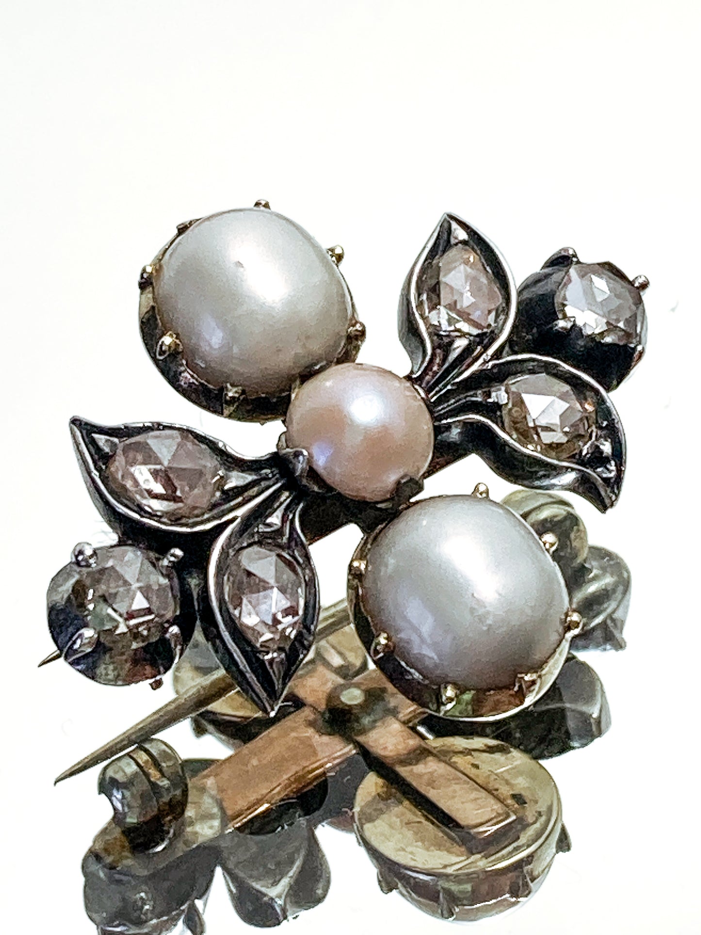 Antique Georgian 1840 Six Diamond Pink Pearl Silver Yellow Gold Brooch