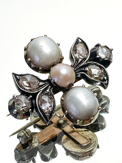 Antique Georgian 1840 Six Diamond Pink Pearl Silver Yellow Gold Brooch
