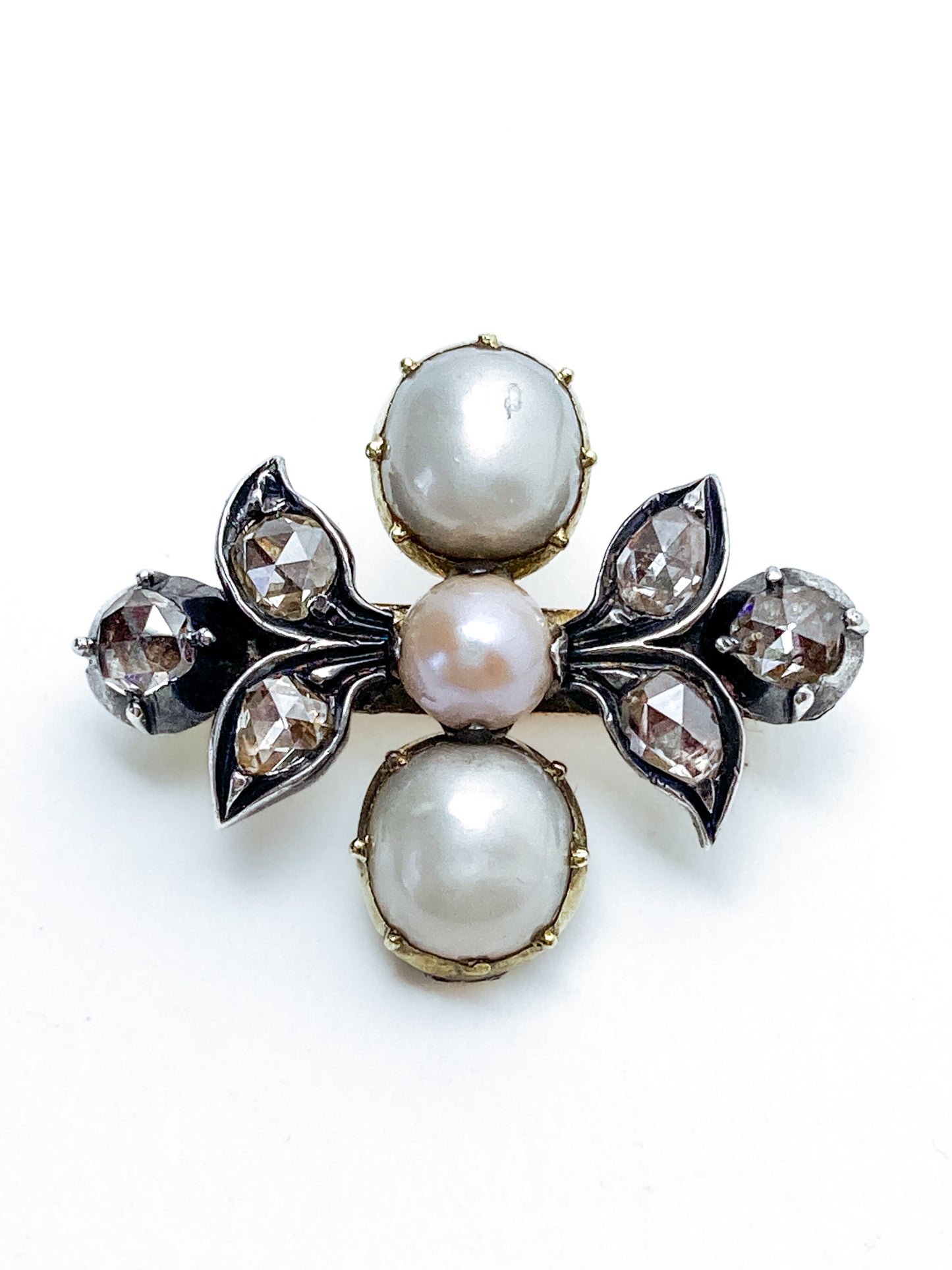 Antique Georgian 1840 Six Diamond Pink Pearl Silver Yellow Gold Brooch