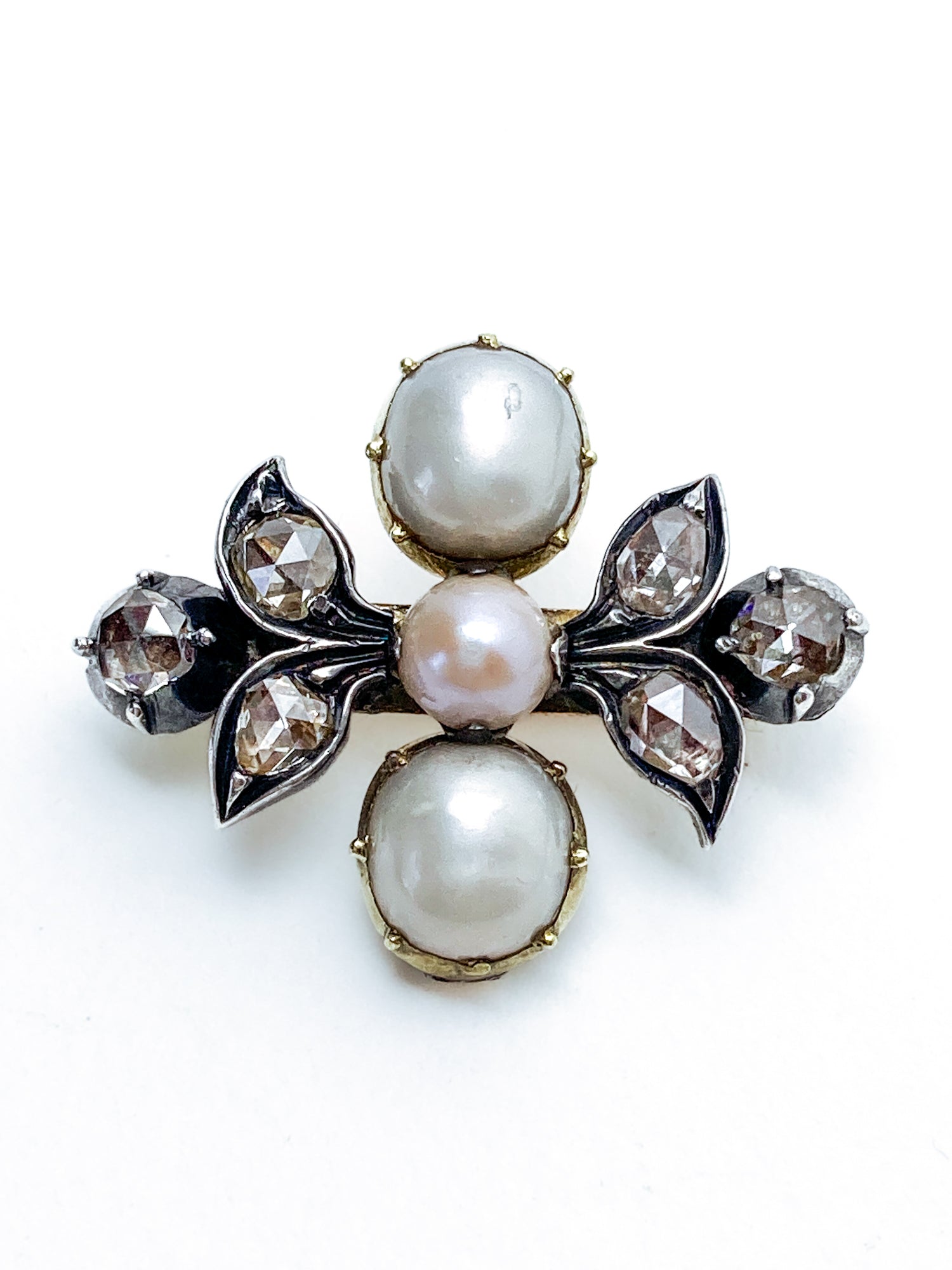 Antique Georgian 1840 Six Diamond Pink Pearl Silver Yellow Gold Brooch