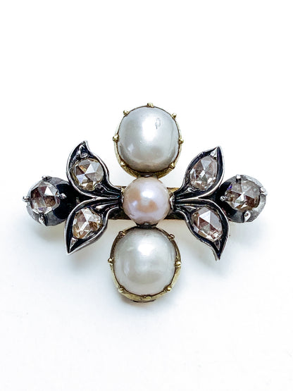 Antique Georgian 1840 Six Diamond Pink Pearl Silver Yellow Gold Brooch