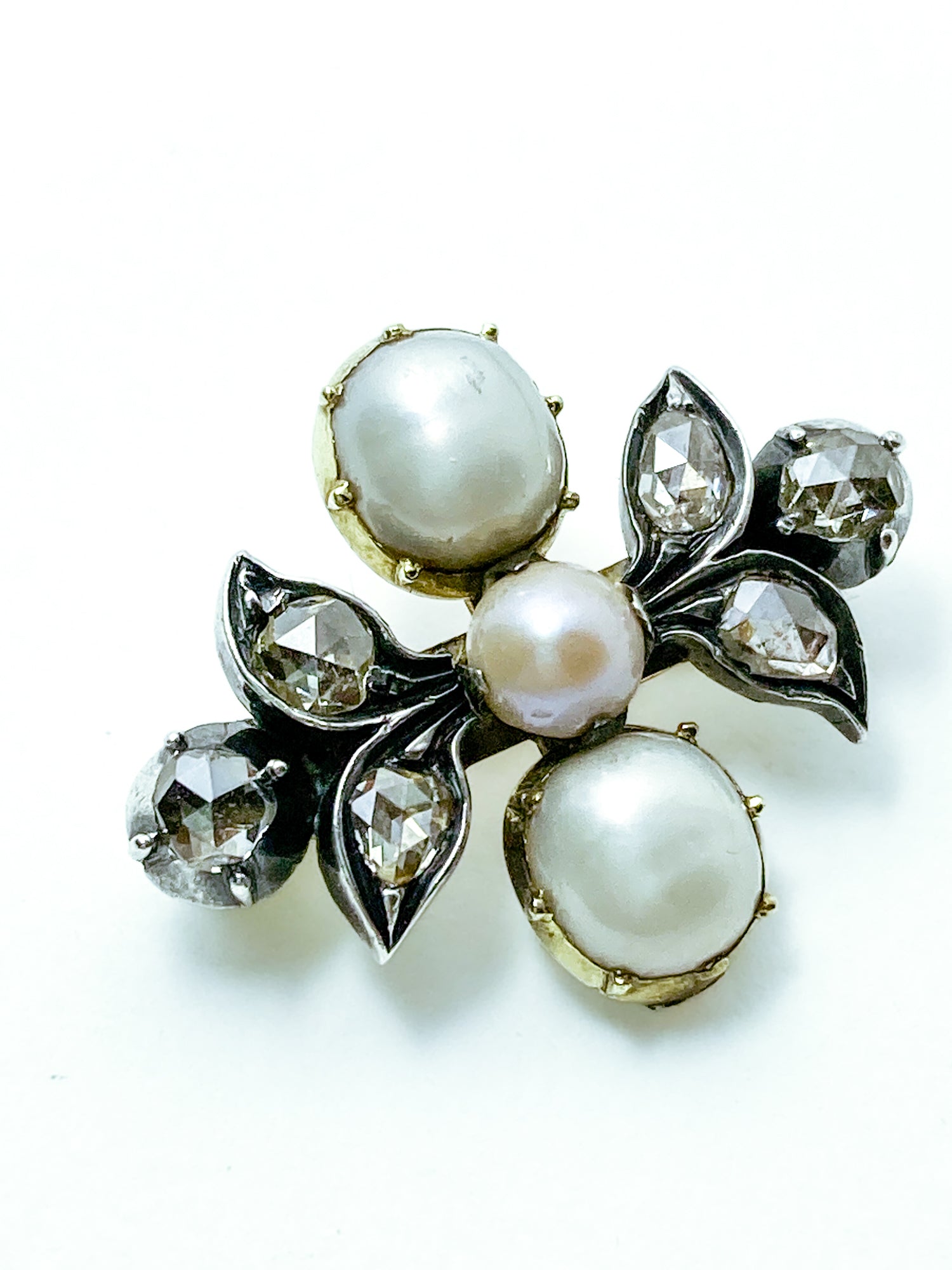 Antique Georgian 1840 Six Diamond Pink Pearl Silver Yellow Gold Brooch